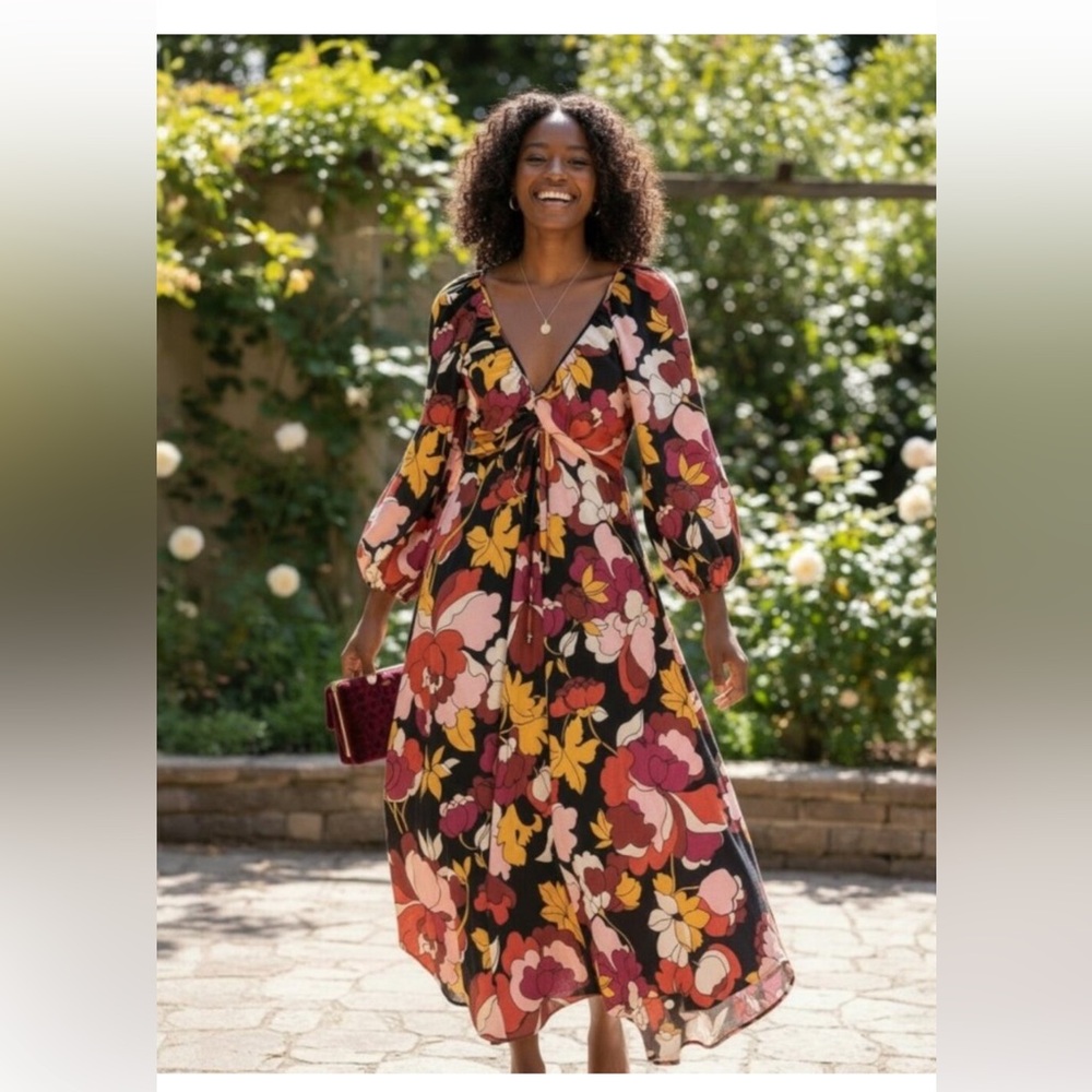 Anthropologie Black Multi Floral Tie-Front Maxi Dress